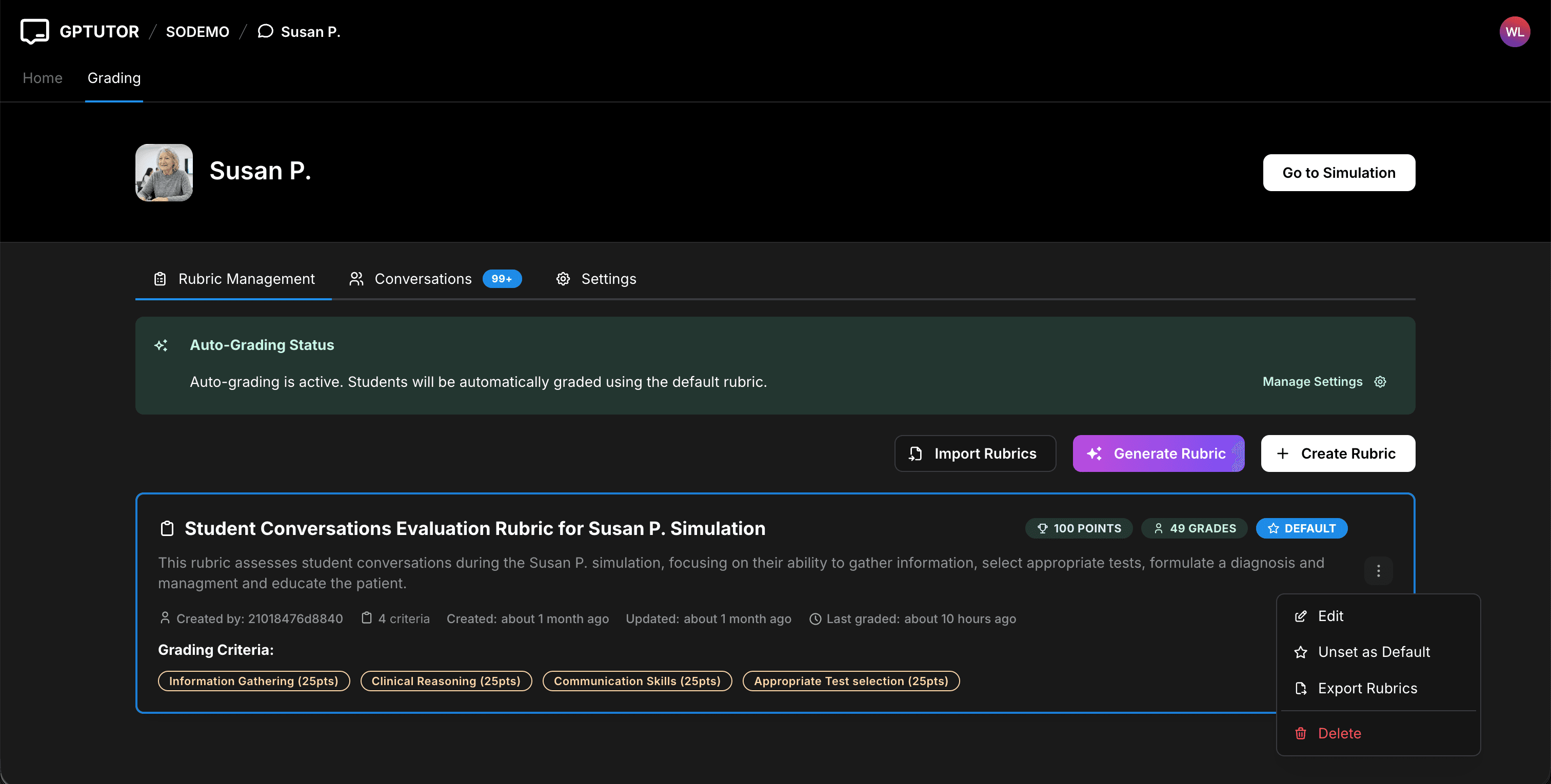 Rubric Actions Menu