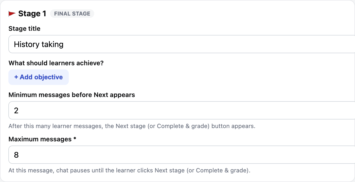 Per-stage title, objectives, and message limits