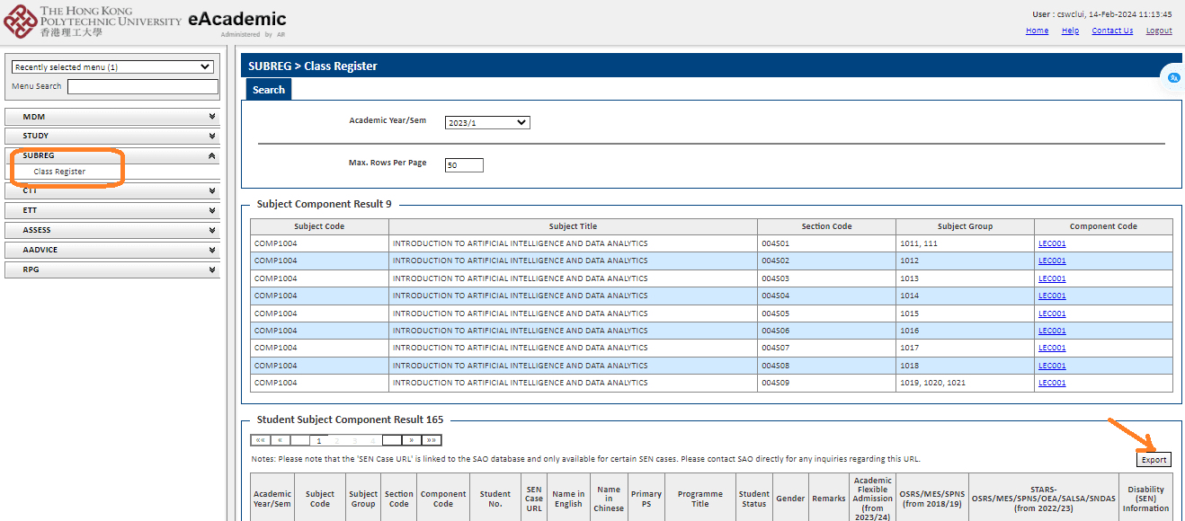 eAcademic - Export CSV